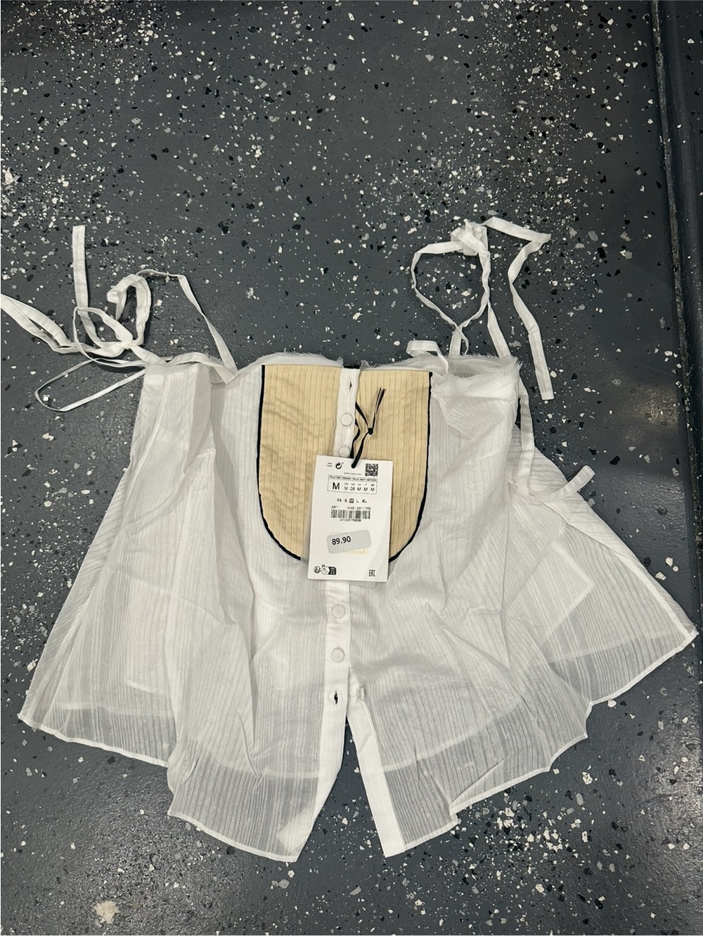 Zara studio wear White Sheer Tie-Shoulder Top with Beige Bib